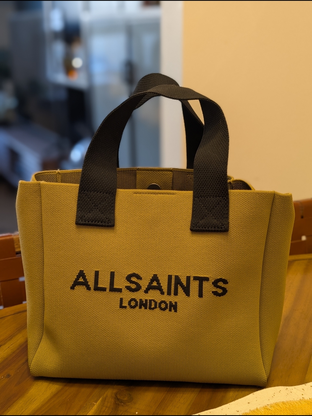 All Saints Mustard Canvas Messenger Tote with Black Handles